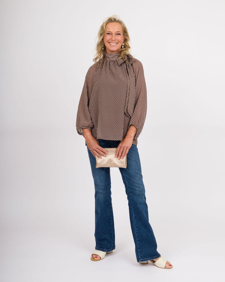 Brown Polka Dot Balloon Sleeve Top