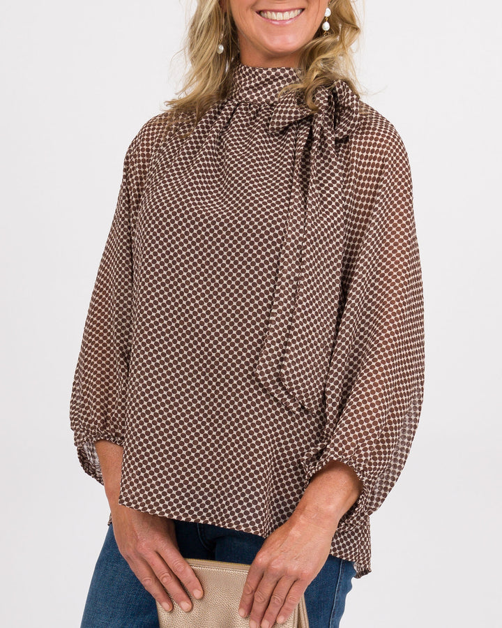 Brown Polka Dot Balloon Sleeve Top
