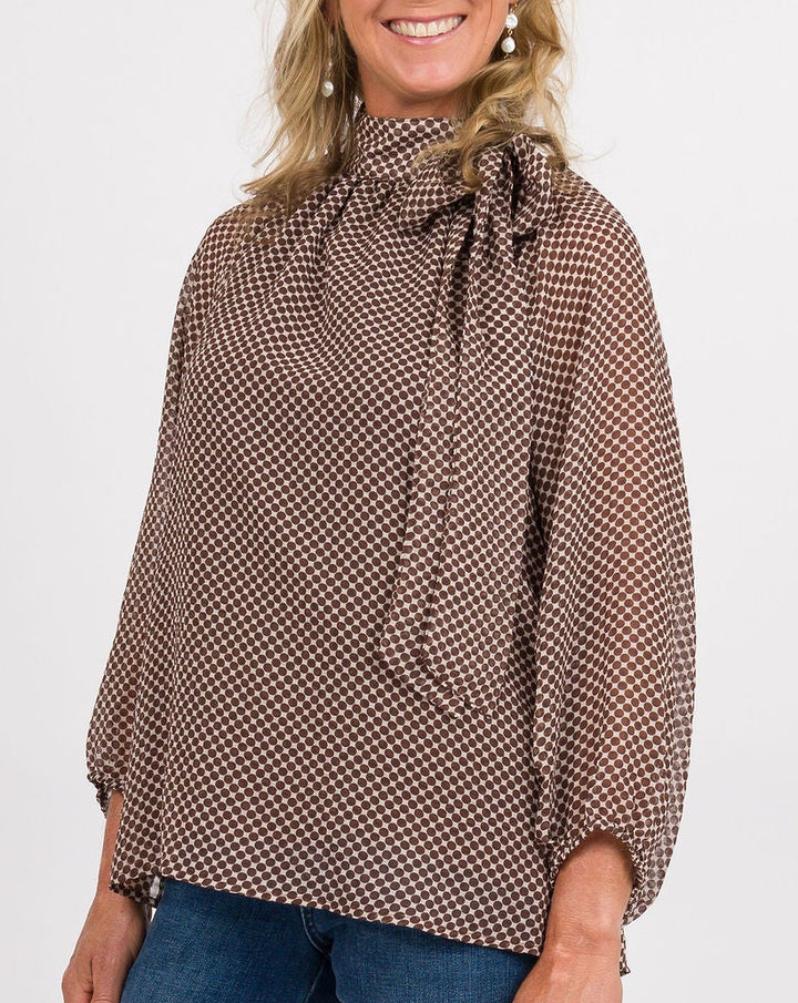 Brown Polka Dot Balloon Sleeve Top