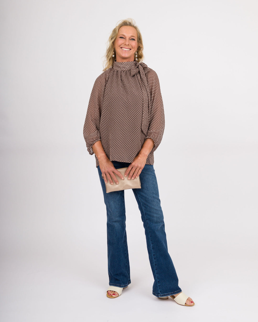 Brown Polka Dot Balloon Sleeve Top