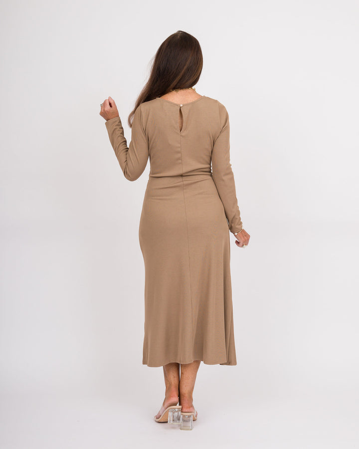 Mocha Gold Buckle Midi Dress