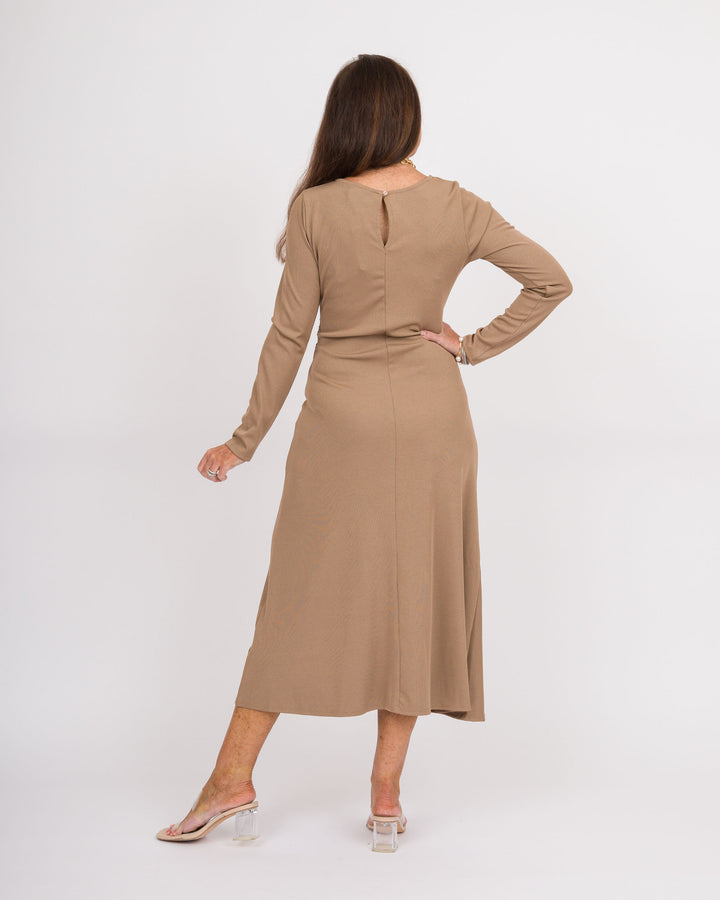 Mocha Gold Buckle Midi Dress