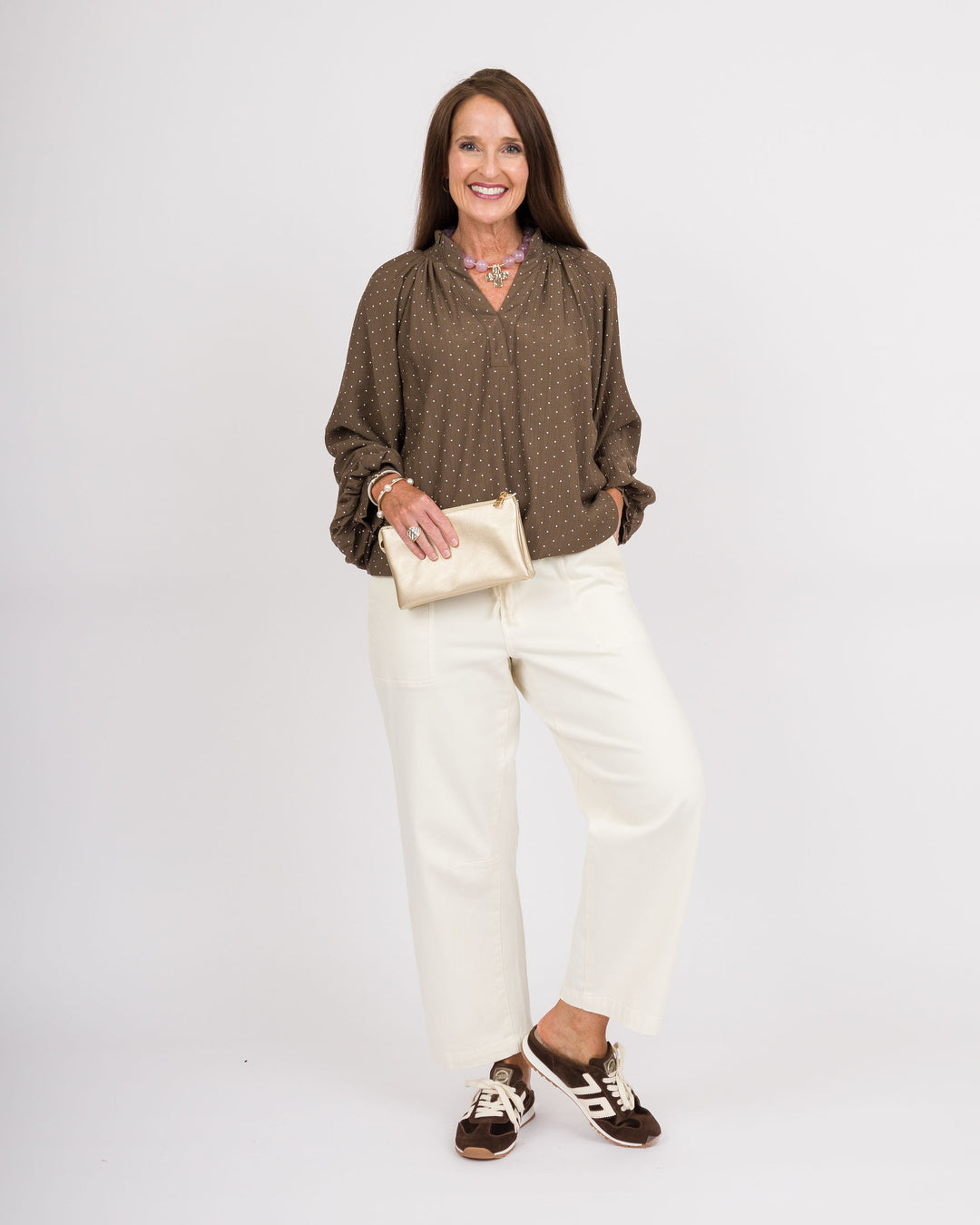 Brown/White Polka Dot Bubble Sleeve Top