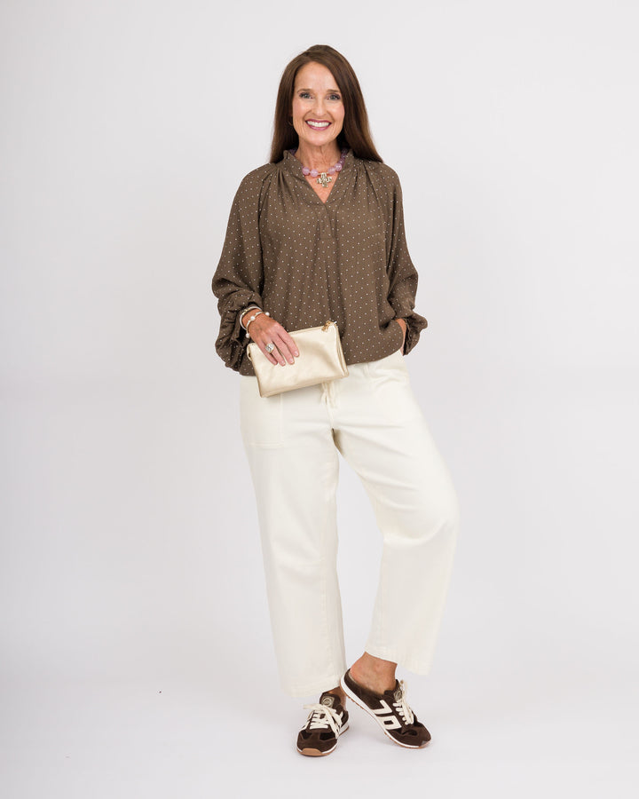 Brown/White Polka Dot Bubble Sleeve Top