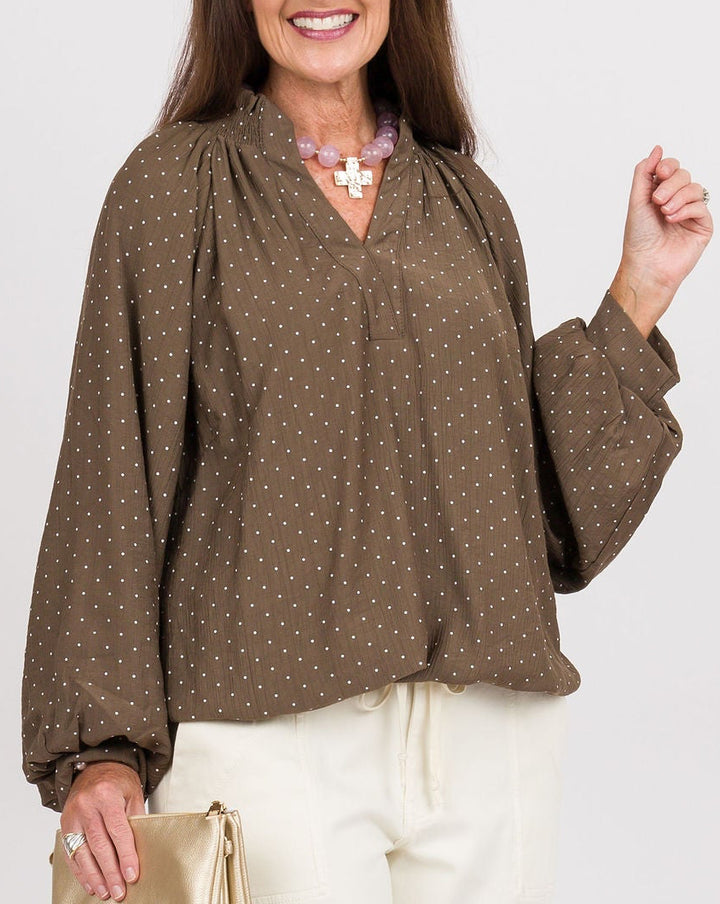 Brown/White Polka Dot Bubble Sleeve Top