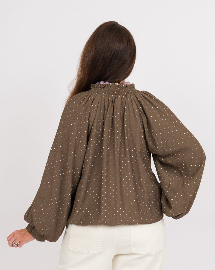 Brown/White Polka Dot Bubble Sleeve Top