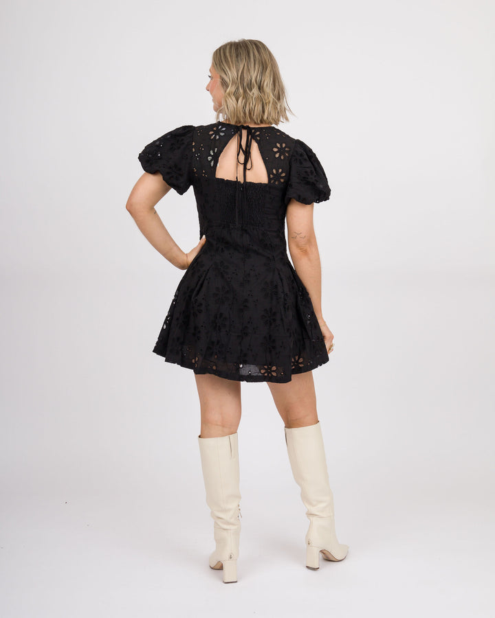 Black Eyelet Bubble Sleeve Mini Dress