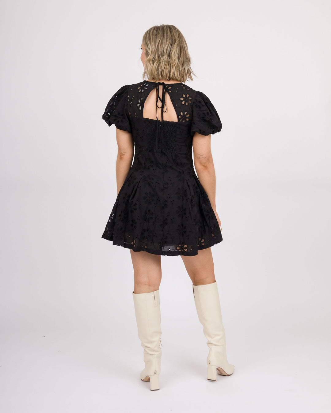 Black Eyelet Bubble Sleeve Mini Dress