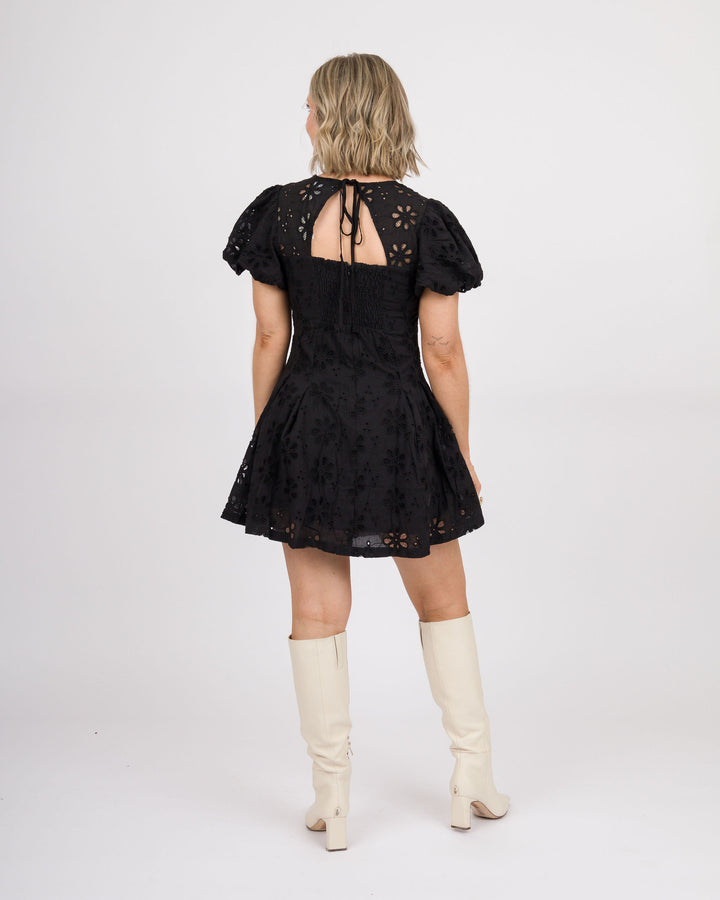 Black Eyelet Bubble Sleeve Mini Dress