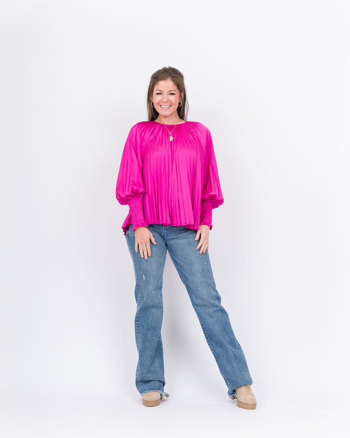 Joy Joy Pleated Bishop Sleeve Top - Cerise