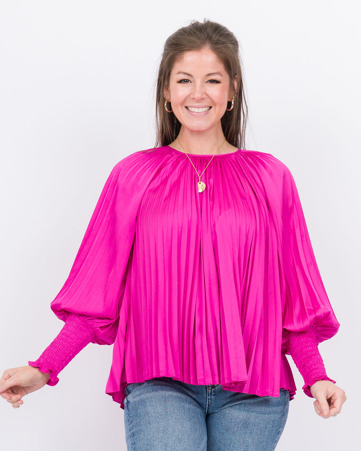 Joy Joy Pleated Bishop Sleeve Top - Cerise