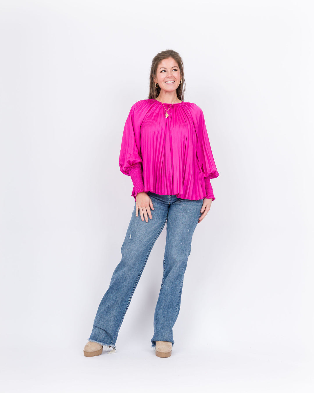 Joy Joy Pleated Bishop Sleeve Top - Cerise