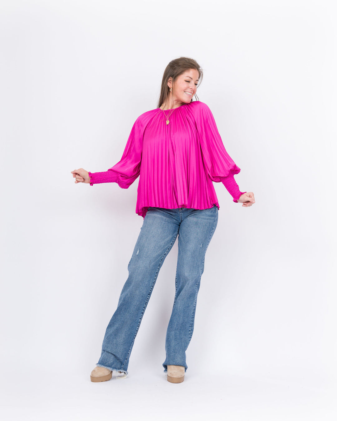 Joy Joy Pleated Bishop Sleeve Top - Cerise