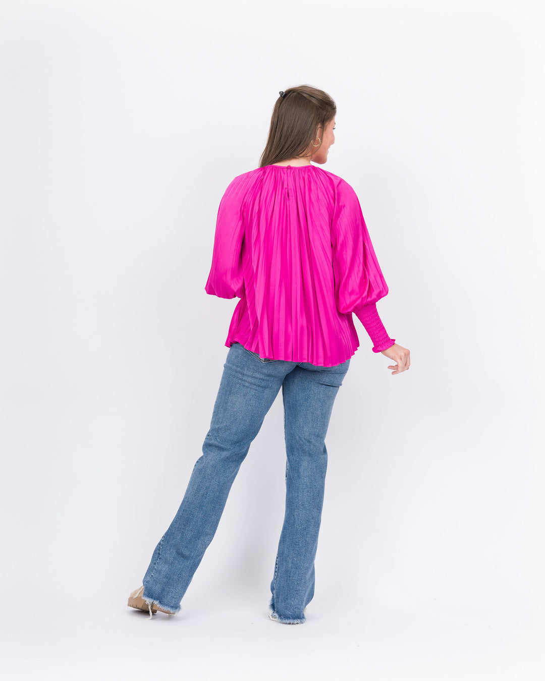 Joy Joy Pleated Bishop Sleeve Top - Cerise