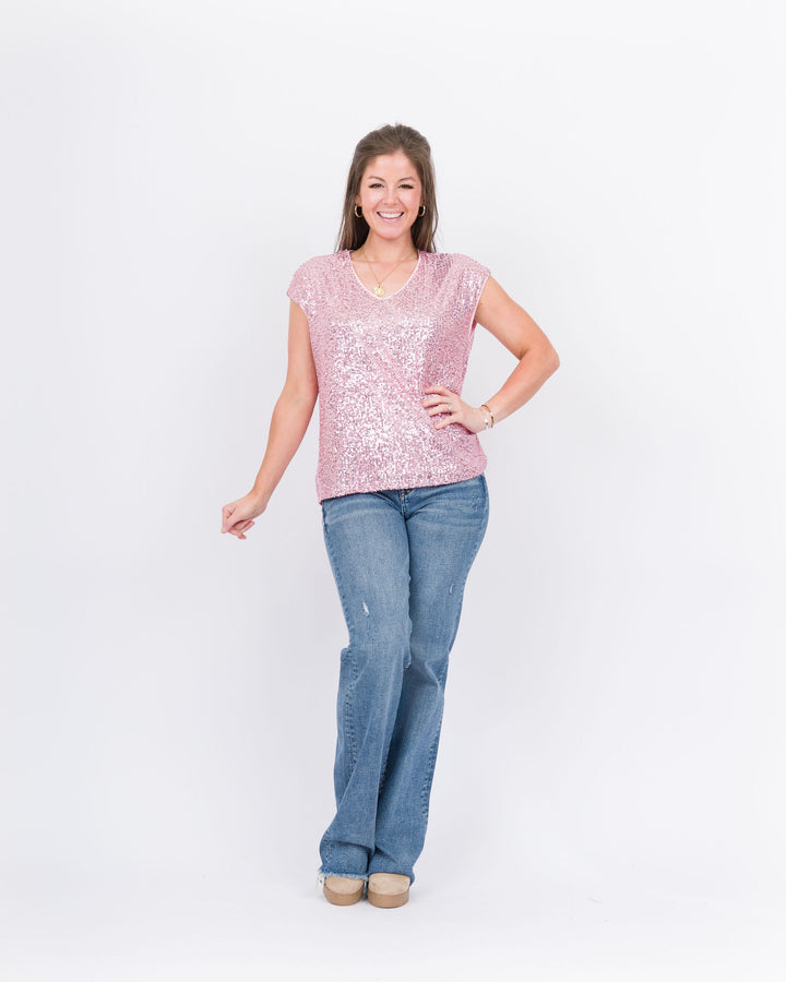 Pink V-Neck Shimmer Shirt- Pink