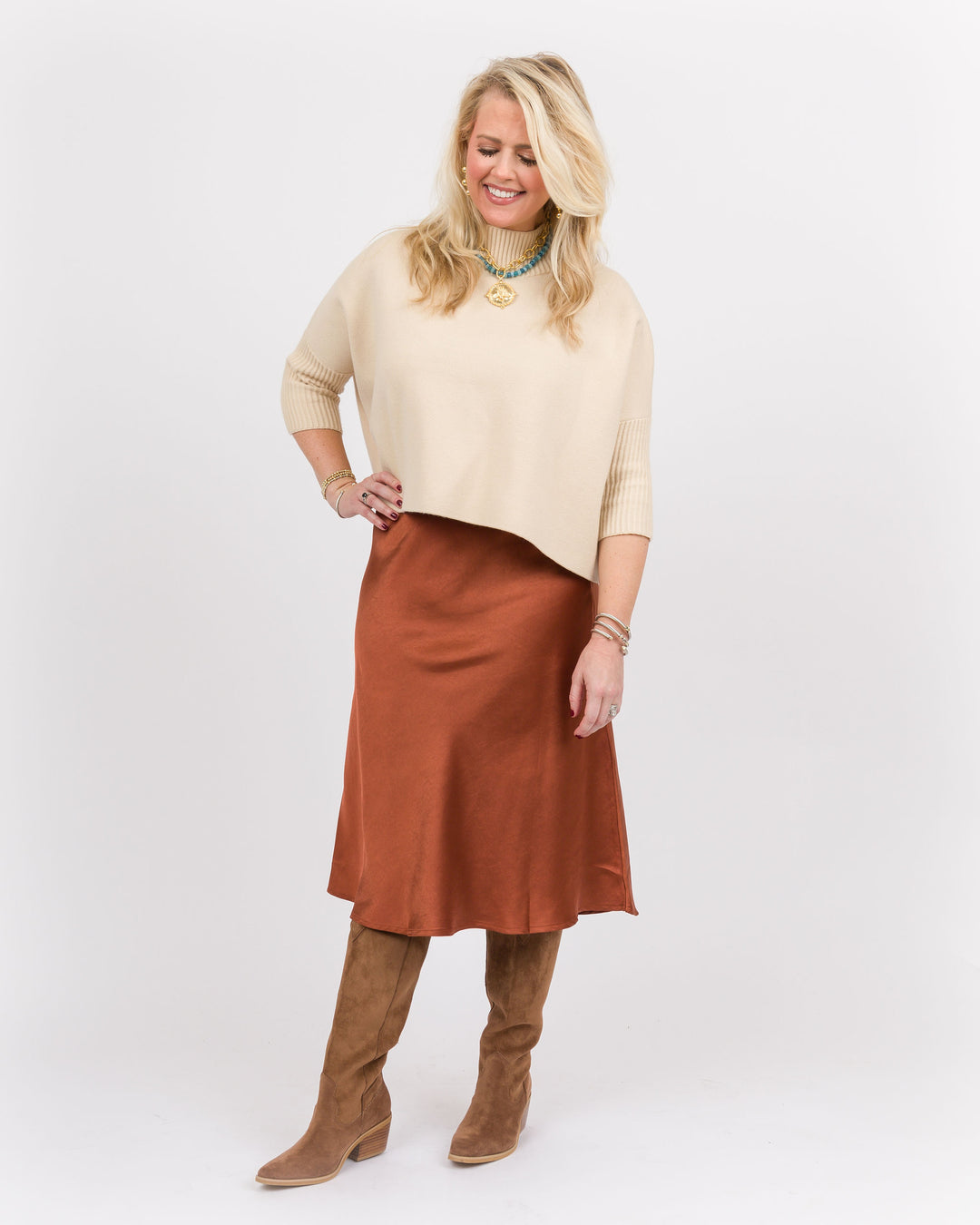 Bronze Satin Midi Skirt