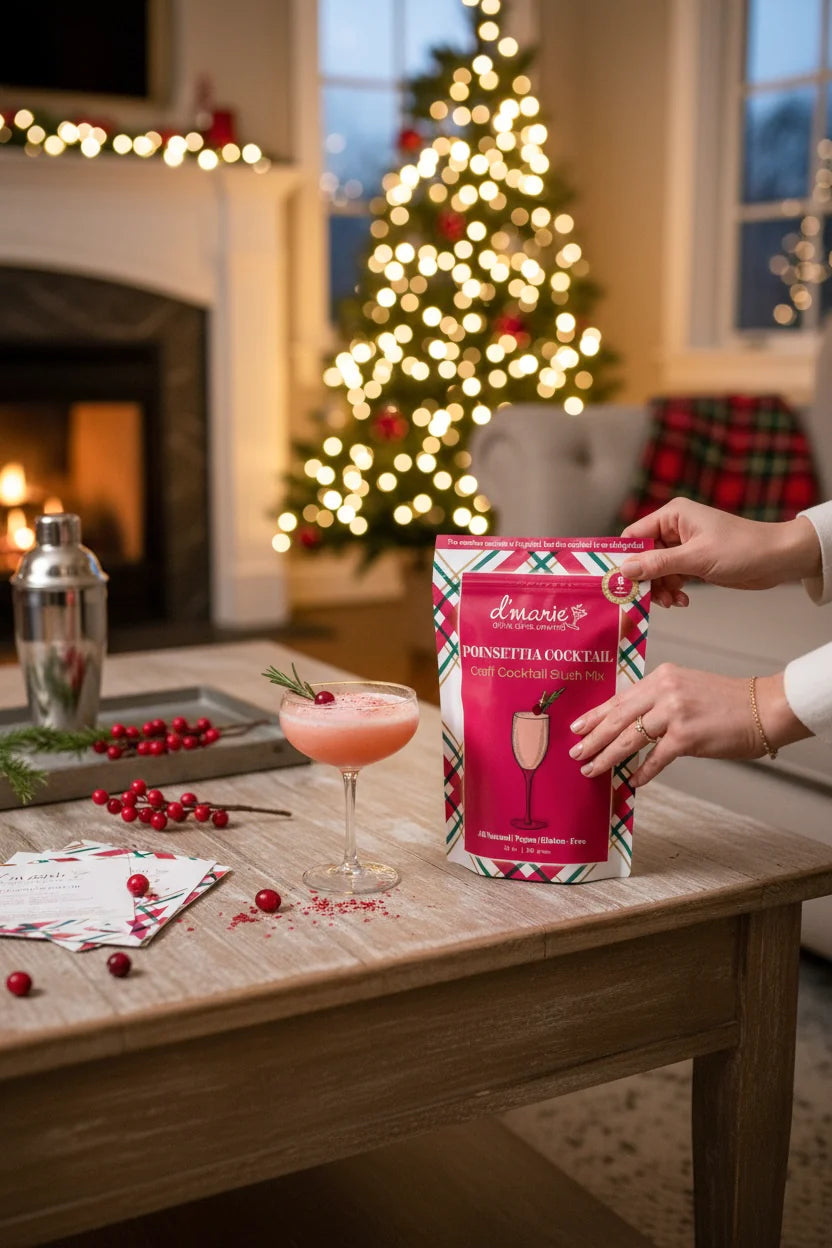 Person holding a cocktail kit box with a festive Christmas tree in the background