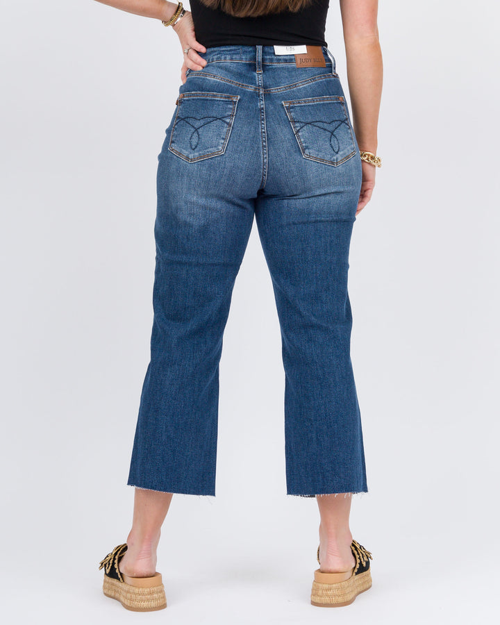 Judy Blue High Waist Back Pocket Embroid Crop Wide Leg