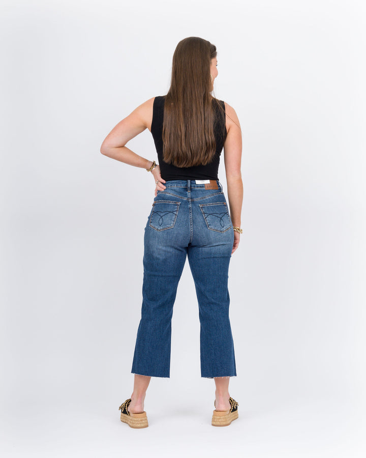 Judy Blue High Waist Back Pocket Embroid Crop Wide Leg