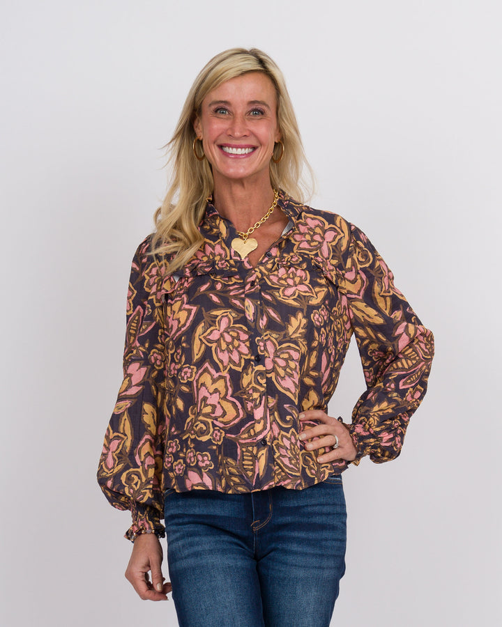 Navy Floral Ruffled Top