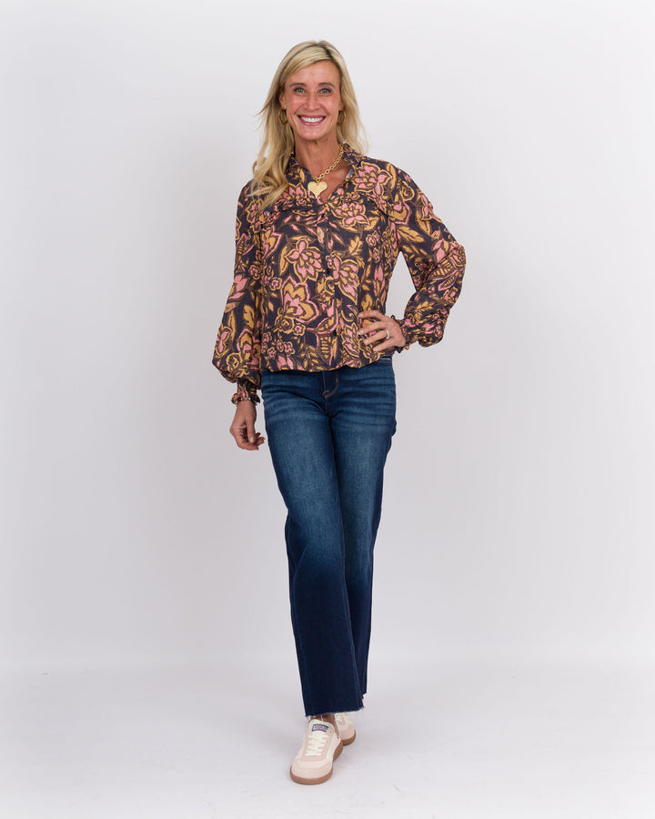 Navy Floral Ruffled Top
