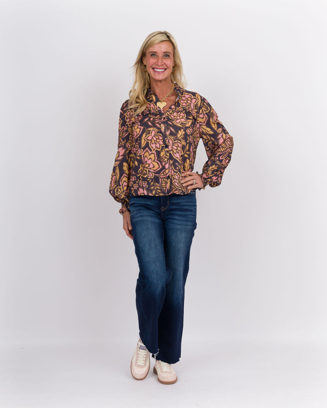 Navy Floral Ruffled Top