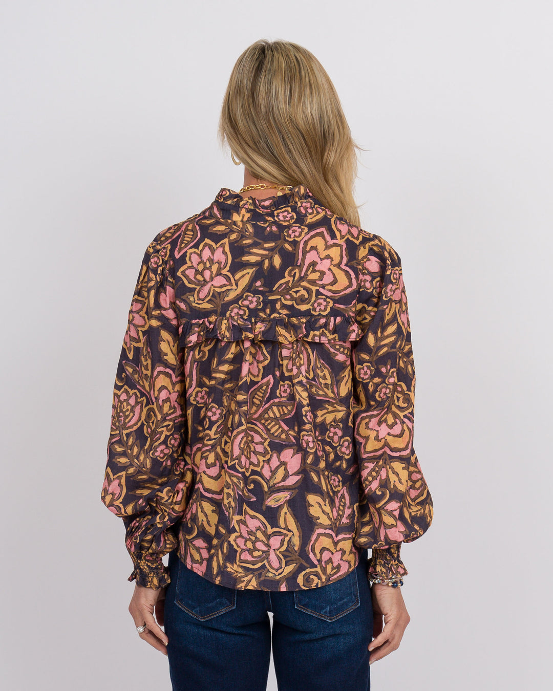 Navy Floral Ruffled Top