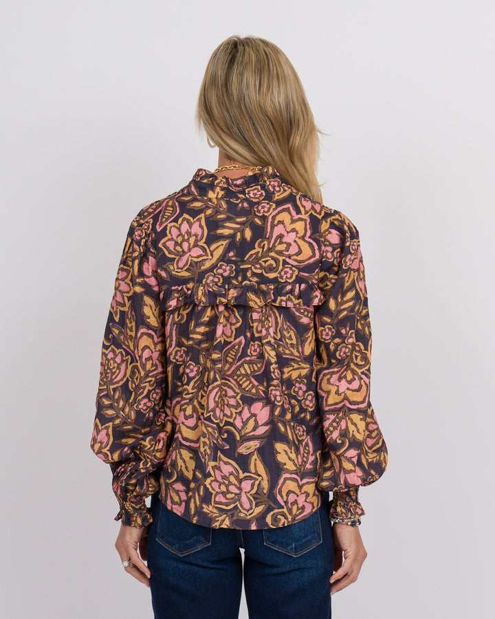 Navy Floral Ruffled Top