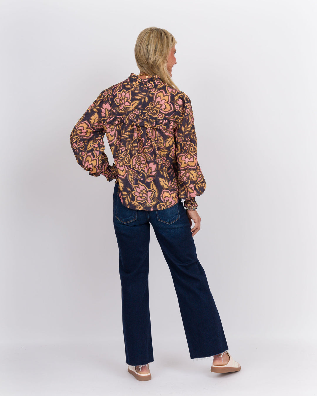 Navy Floral Ruffled Top