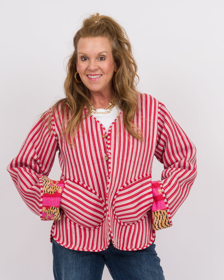 Handmade Reversible Vintage Quilted Patchwork Jacket Red and Pink-Final Sale