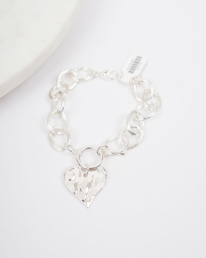 Textured Oval Chunky Bracelet with Heart - Silver