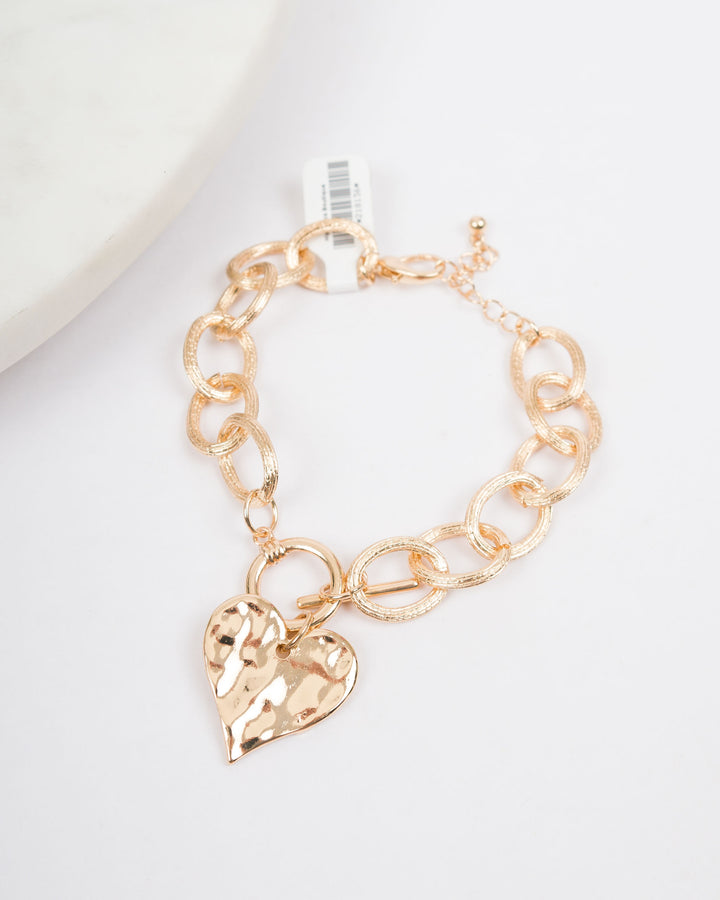 Textured Oval Chunky Bracelet with Heart - Gold