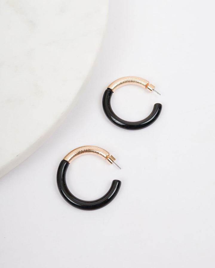 Metal &amp; Resin Hoop Earrings - Black and Gold