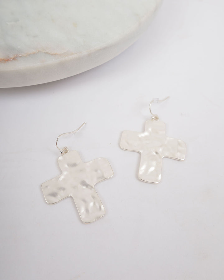 Hammered Cross Earrings - Silver