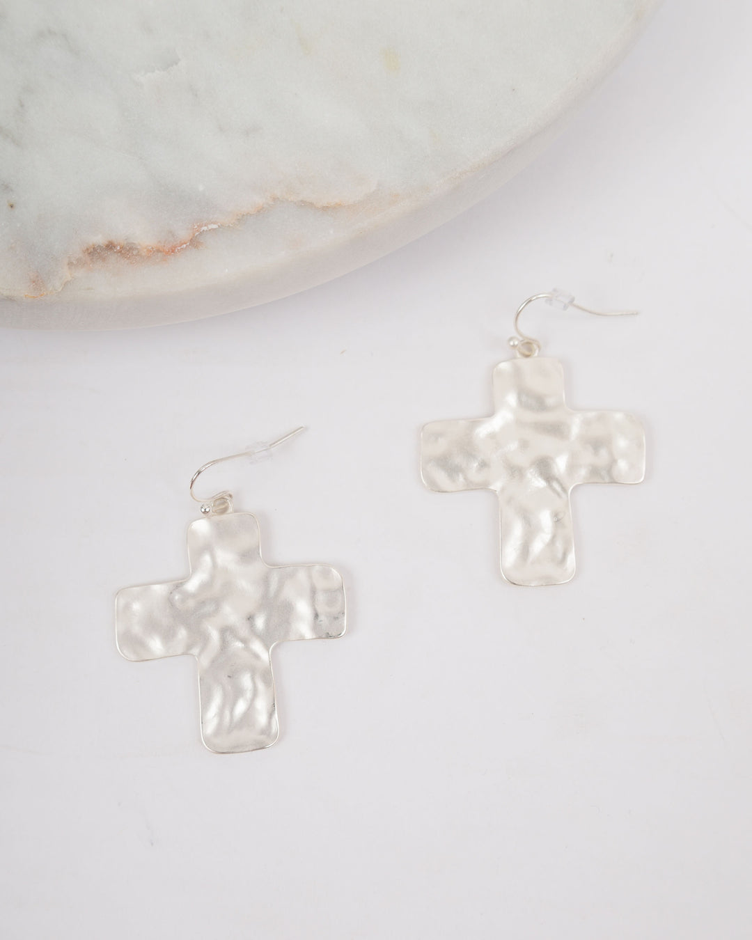 Hammered Cross Earrings - Silver