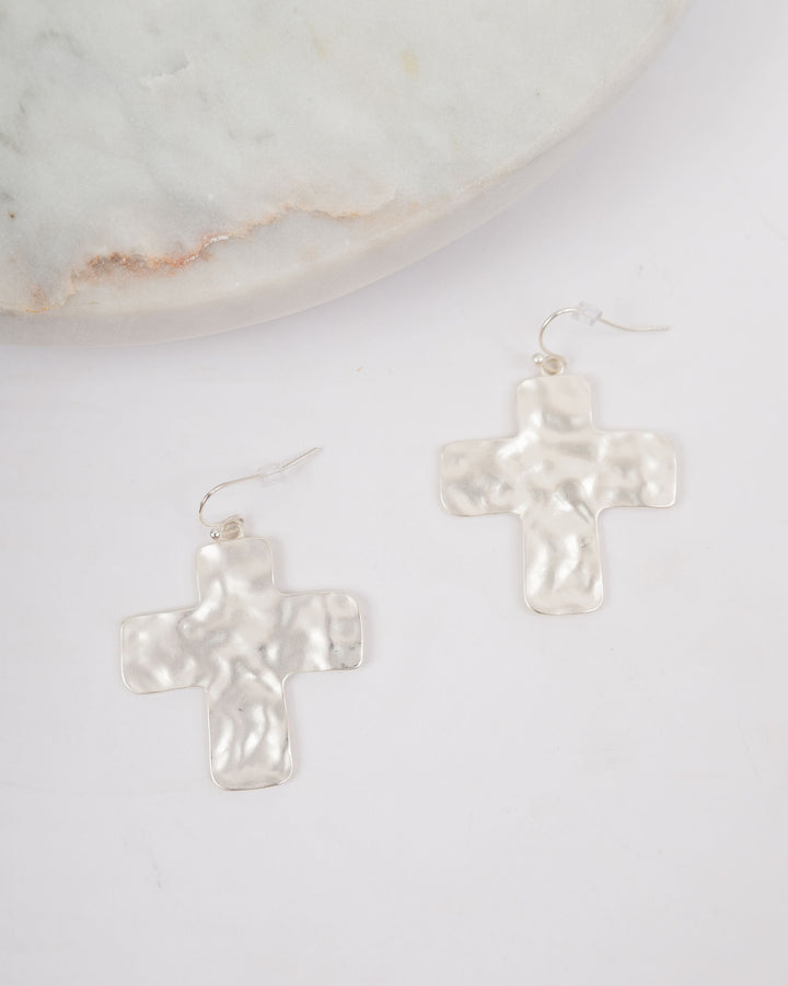 Hammered Cross Earrings - Silver