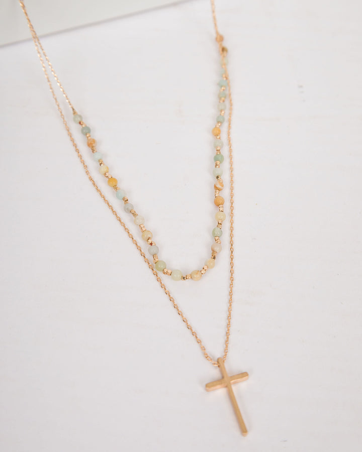 Double Strand Bead and Cross Necklace - Multi