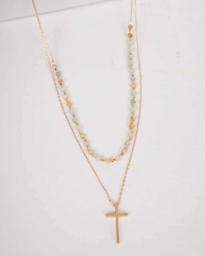 Double Strand Bead and Cross Necklace - Multi