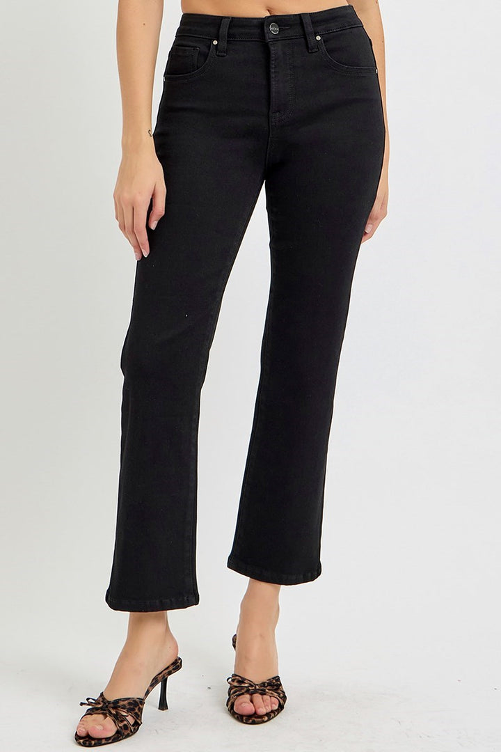 Risen Tummy Control  High Rise Crop  Straight Jeans- Black