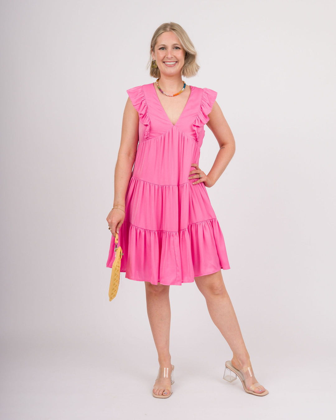 Tiered Ruffle Trim Mini Dress - Pink
