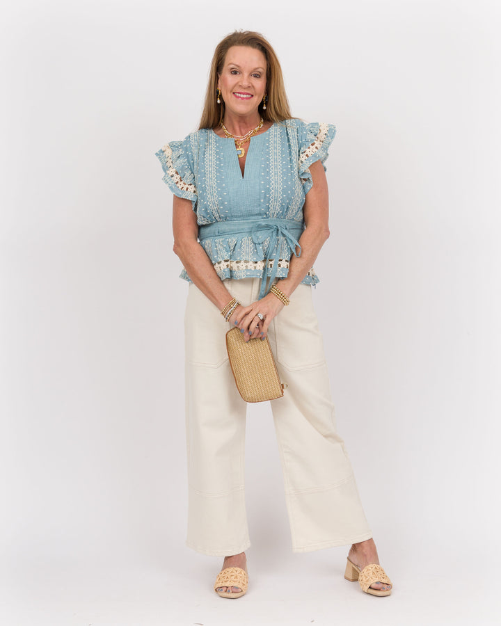 Chambray Flutter Sleeve Top