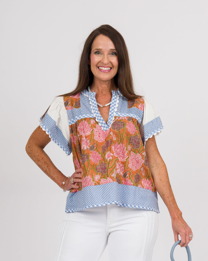 Flowy Sleeve Top - Blue/Orange