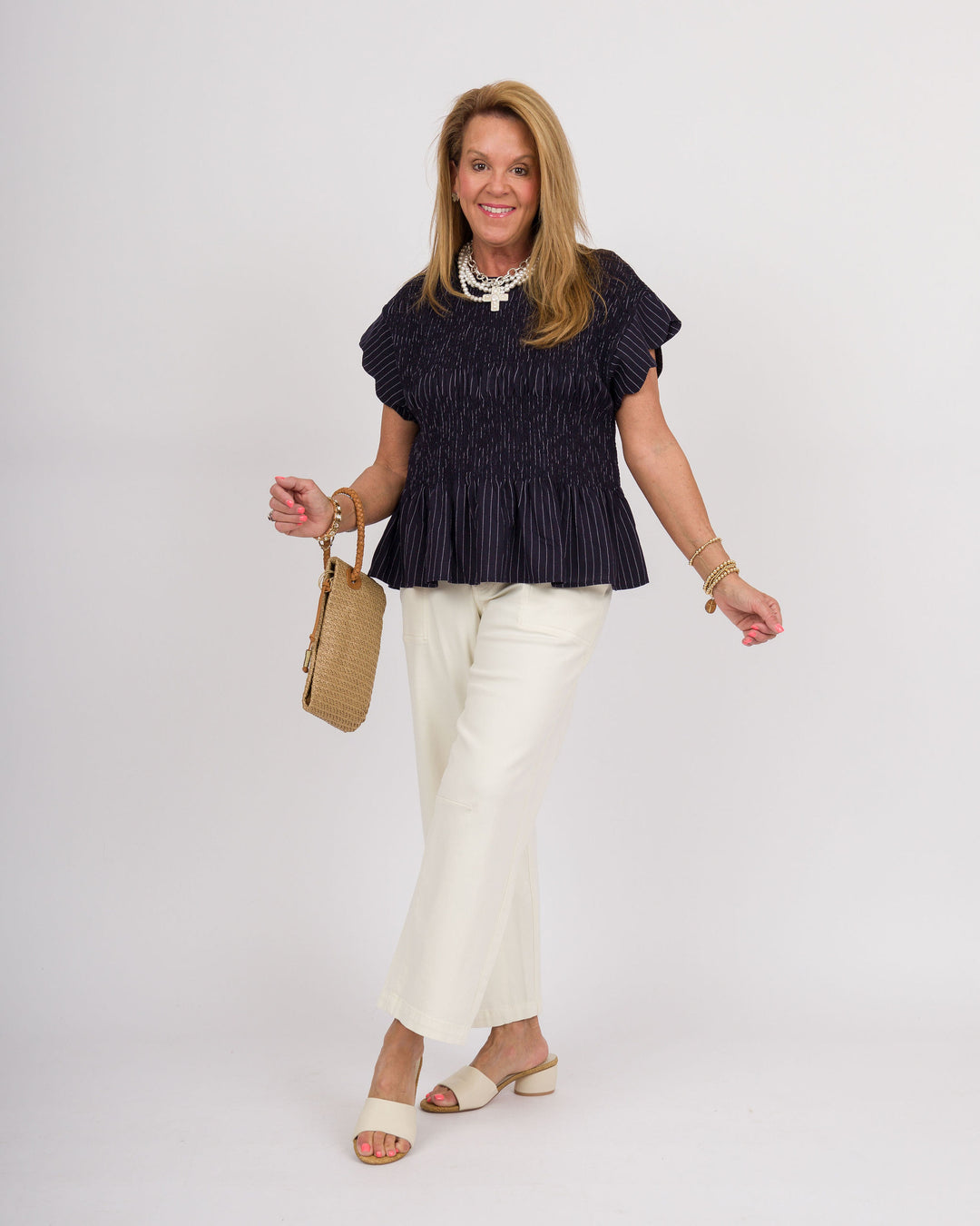Pinstripe Flutter Sleeve Top - Navy