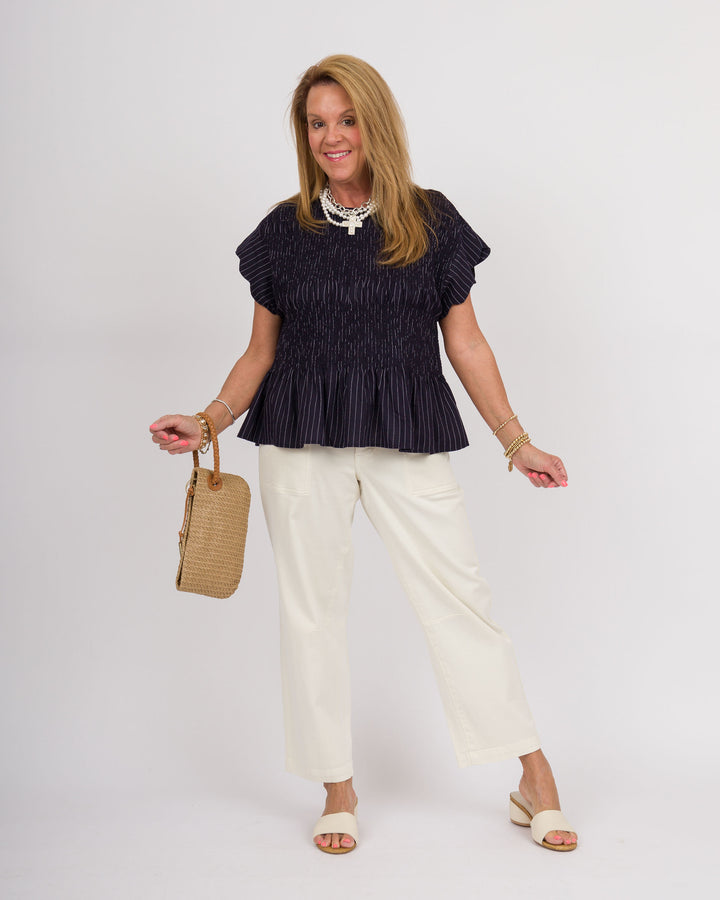 Pinstripe Flutter Sleeve Top - Navy