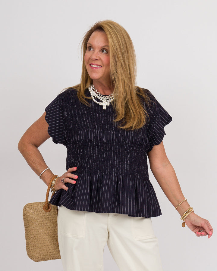 Pinstripe Flutter Sleeve Top - Navy