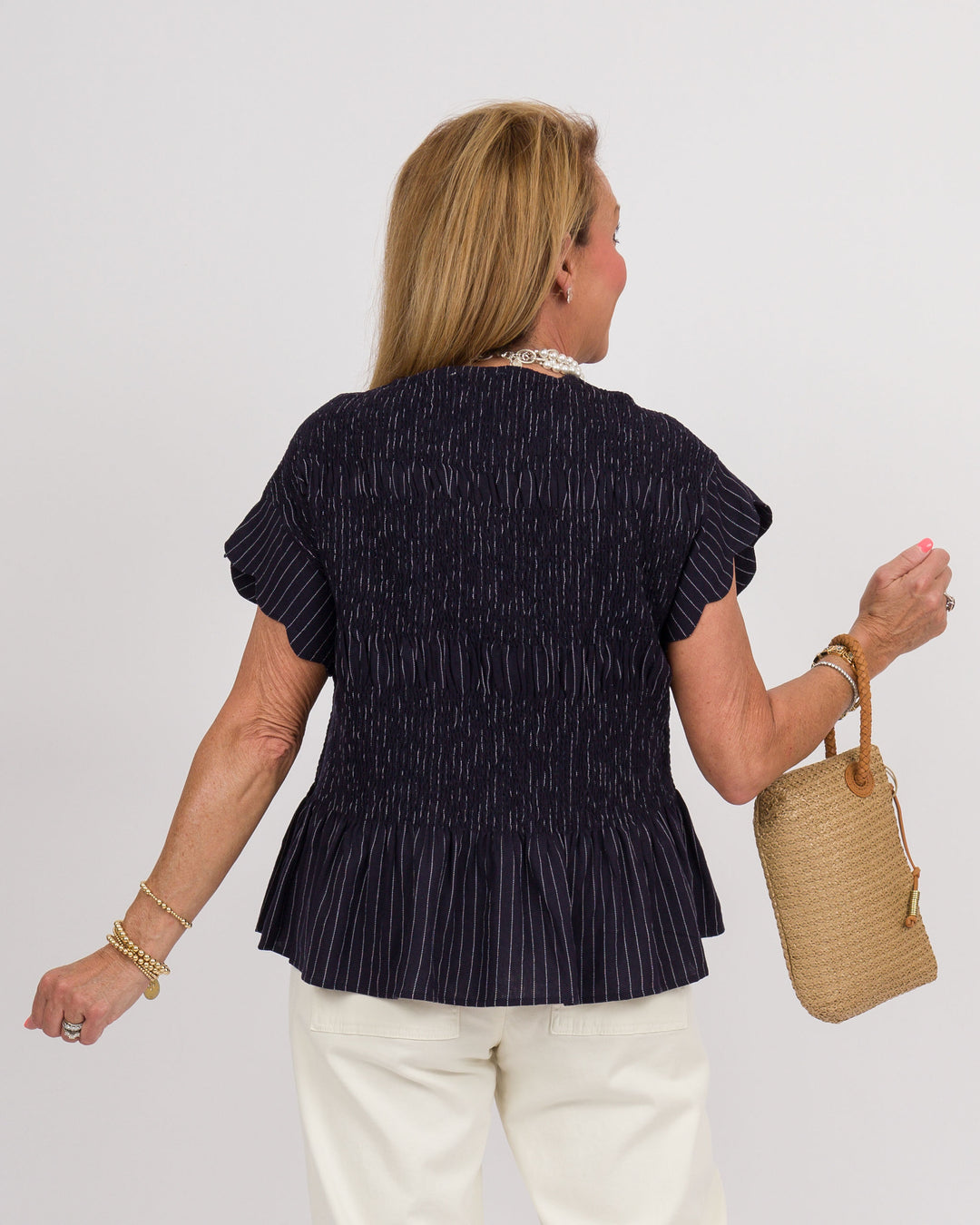 Pinstripe Flutter Sleeve Top - Navy