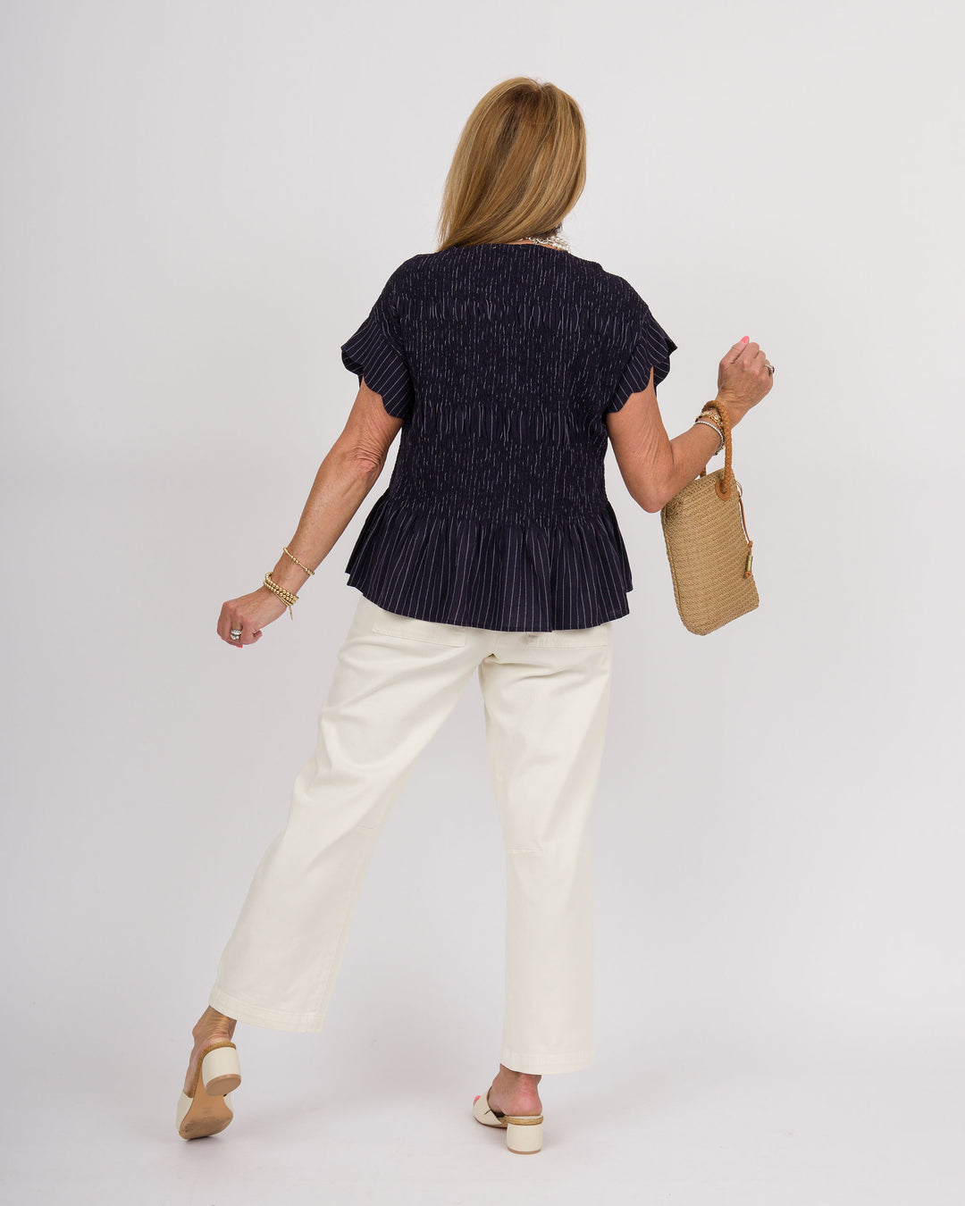 Pinstripe Flutter Sleeve Top - Navy