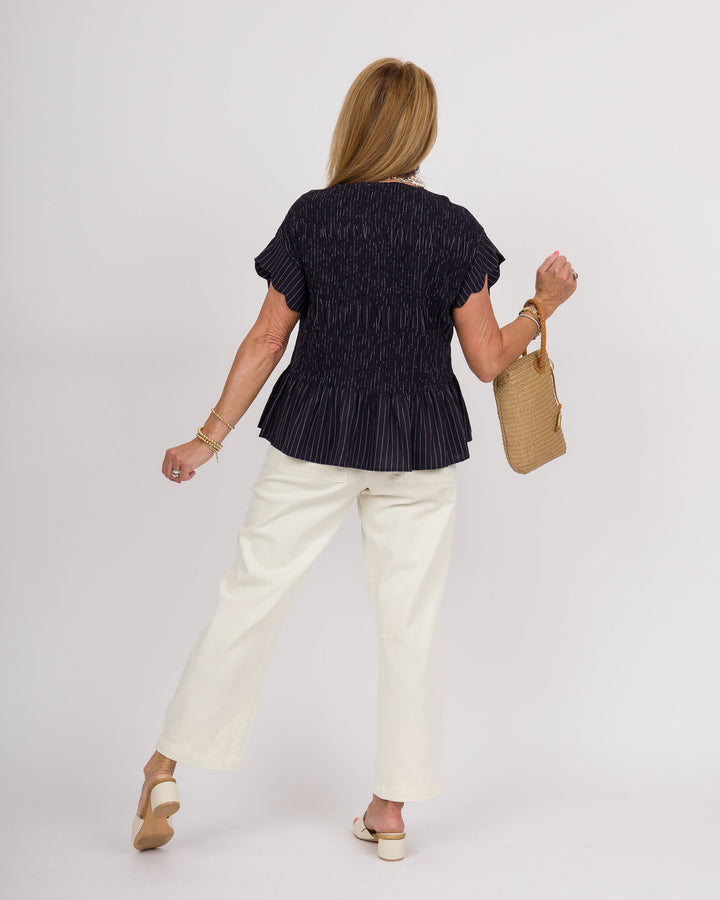 Pinstripe Flutter Sleeve Top - Navy
