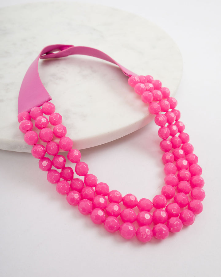 3 Row Beaded Necklace - Fuchsia