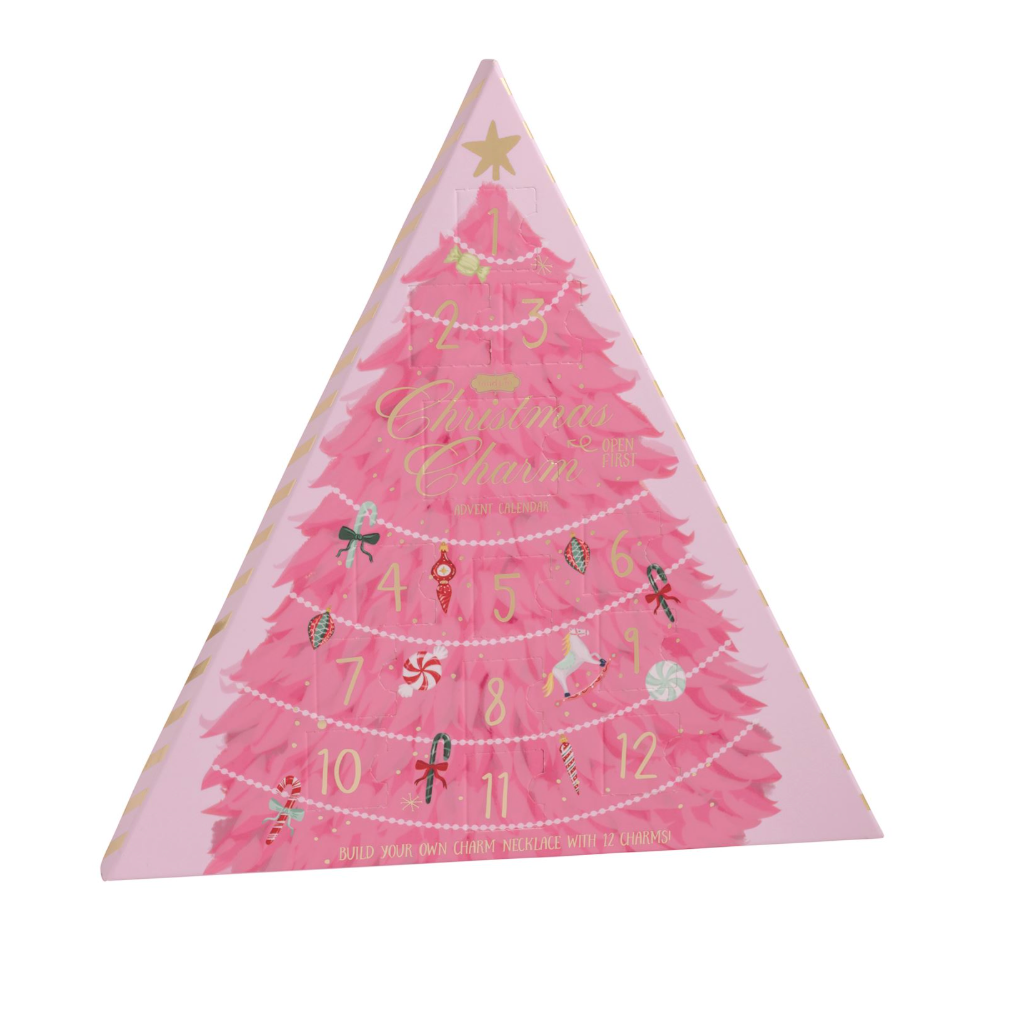 A triangular pink Christmas advent calendar with a decorated tree illustration, gold star accents, and numbered windows from 1 to 25 on a white background.